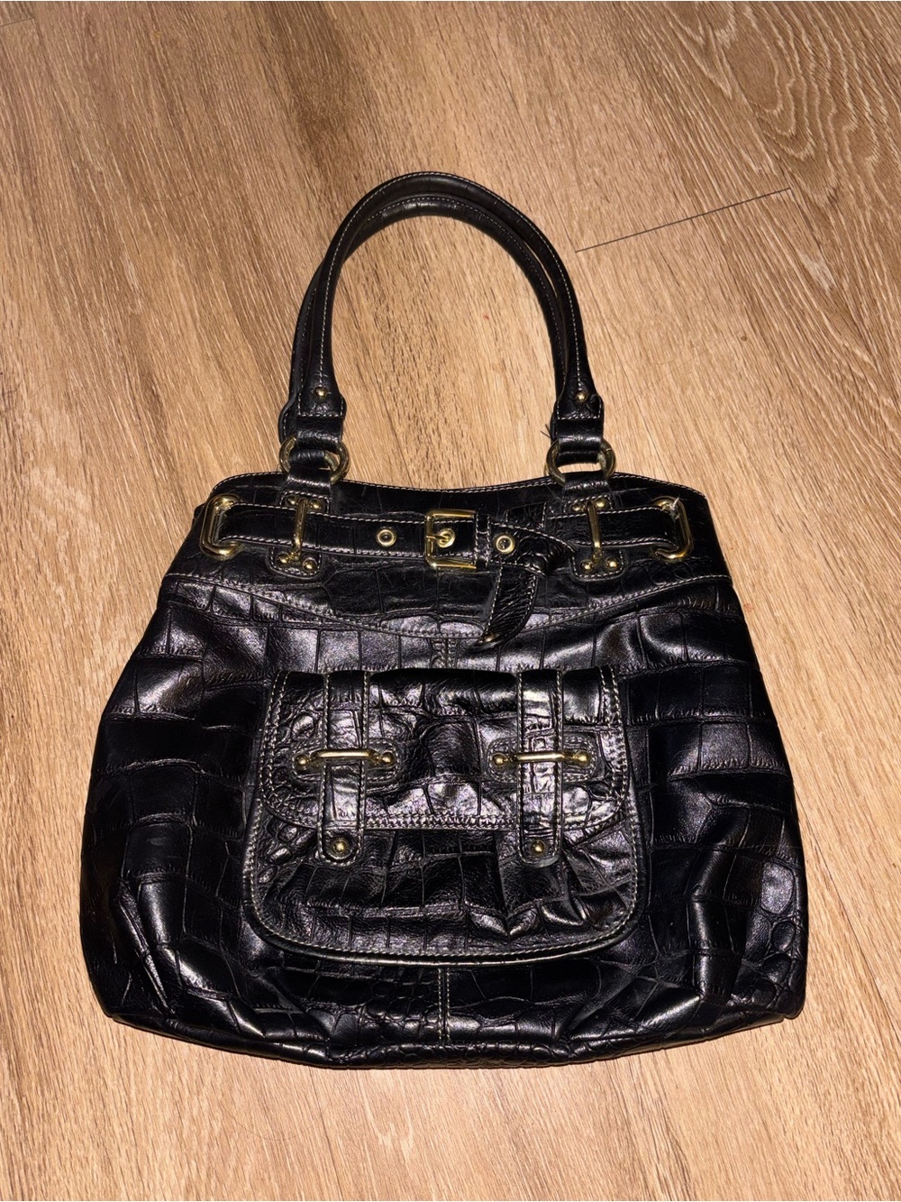 Nine West Black Croc Embossed Leather Satchel Purse Gold Buckle Y2K Bag box ak